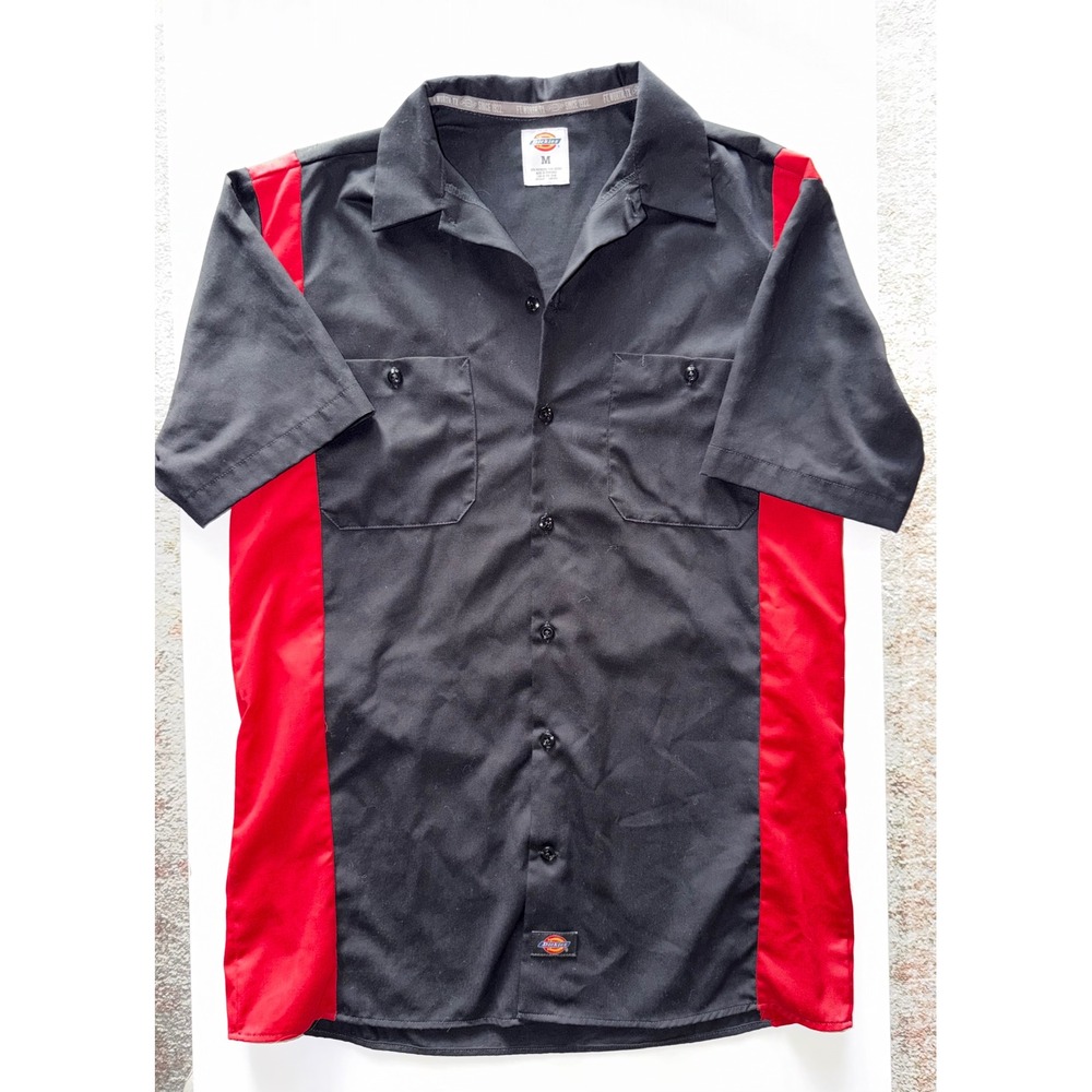 Dickies Mens Black Red Colorblock Short Sleeve Work Shirt Mechanic Garage Medium